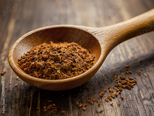 Spice in Wooden Spoon: Aromatic spices rest in a rustic wooden spoon, their rich colors and textures promising a culinary adventure. The dark wooden background enhances the vibrancy of the spices. photo