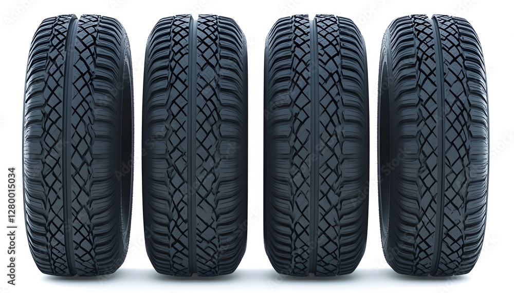 Four new car tires are arranged on a white surface Four new car tires are arranged on a white surface