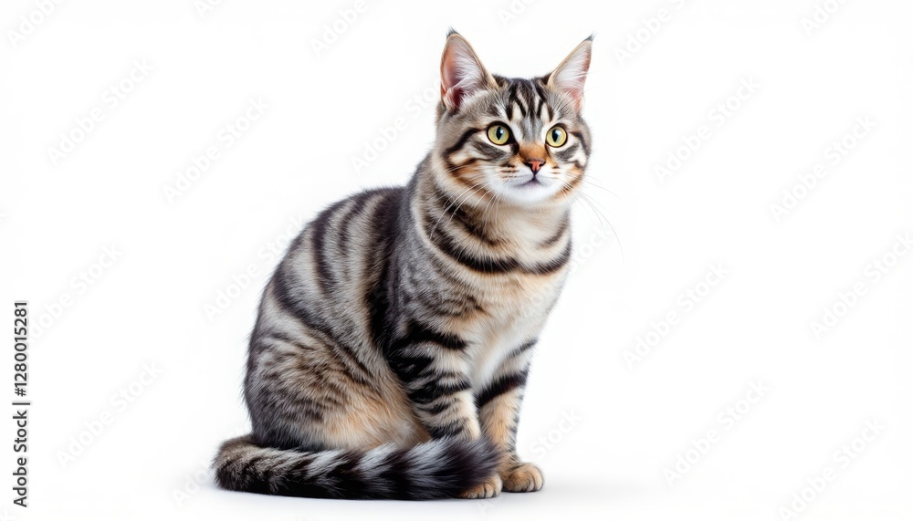 Obraz premium Striped Tabby Cat Sitting on White Background Looking Attentively