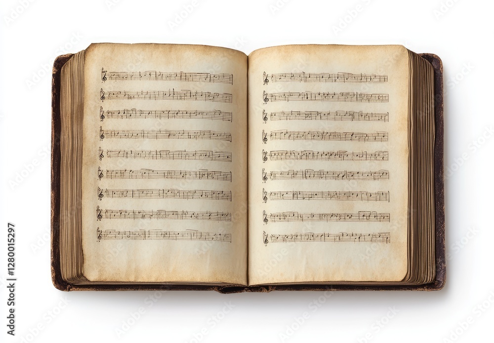 Naklejka premium Aged open music book on white background