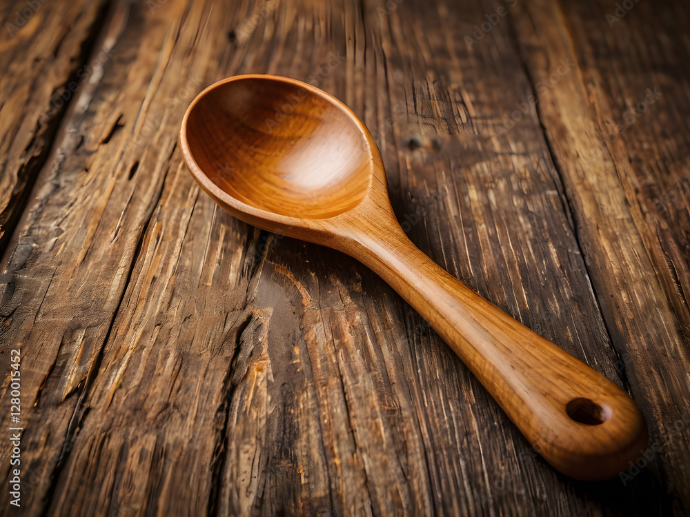 Wooden Spoon on Rustic Table: A beautifully crafted wooden spoon rests upon a rough-hewn wooden table, showcasing the natural textures and warm tones of the materials. Wooden Spoon on Rustic Table: A beautifully crafted wooden spoon rests upon a rough-hewn wooden table, showcasing the natural textures and warm tones of the materials.