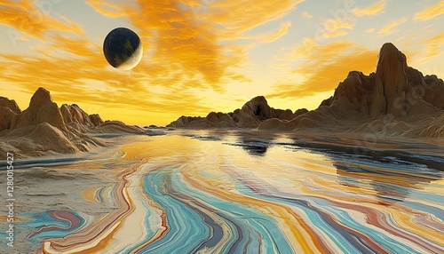 A vibrant alien landscape features a sky with an interesting planet