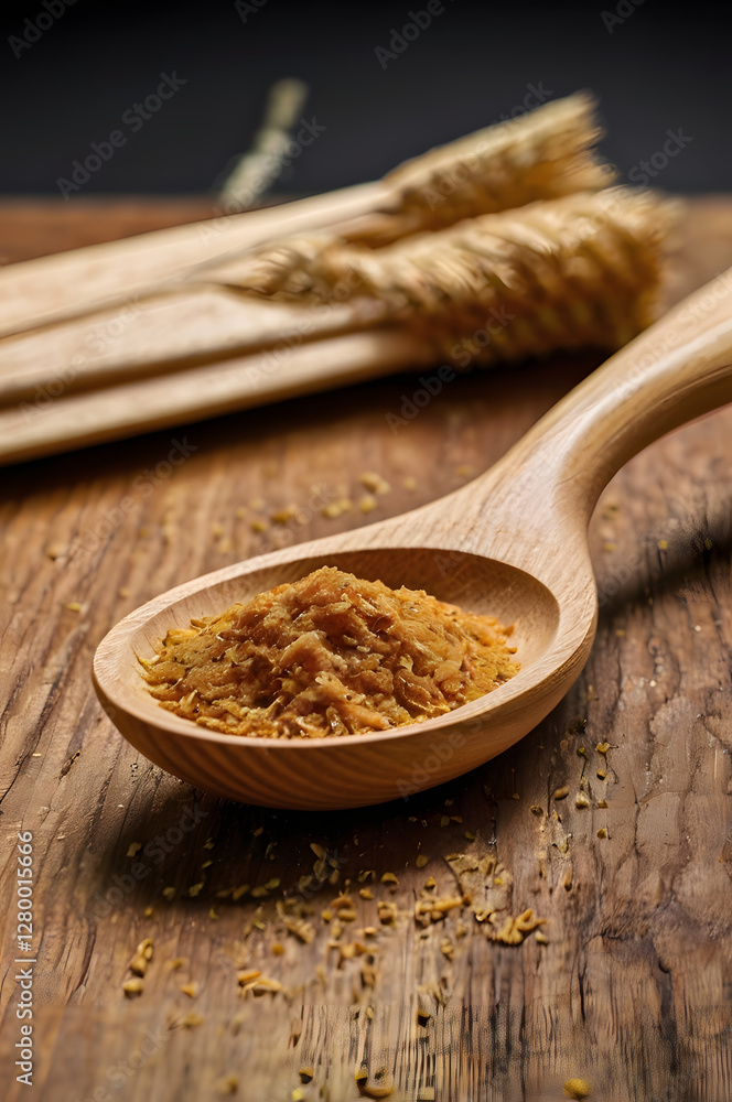 Spice and Grain: Culinary still life of golden spices in a wooden spoon, accompanied by sprigs of golden grain on a rustic wooden surface, evoking warmth and natural flavors. Spice and Grain: Culinary still life of golden spices in a wooden spoon, accompanied by sprigs of golden grain on a rustic wooden surface, evoking warmth and natural flavors.