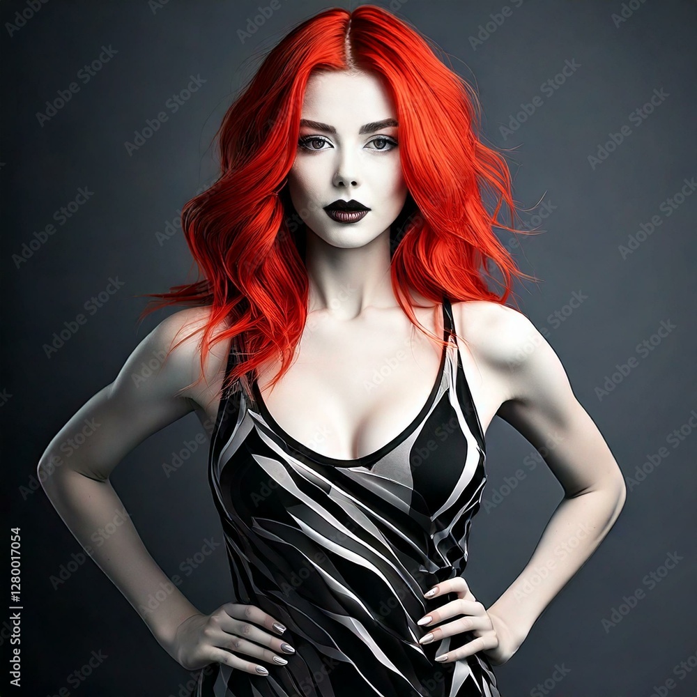 Fototapeta premium a beautiful woman with red hair wearing black and white standing in attractive pose