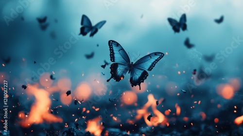 Majestic Butterflies Flying Above a Fiery Landscape at Dusk