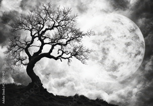 Silhouetted Tree Against a Bright Moon and Dramatic Cloudy Sky in