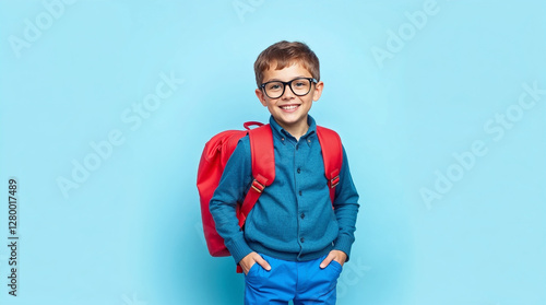 Happy schoolboy wearing glasses and backpack smiling at camera on light blue background photo