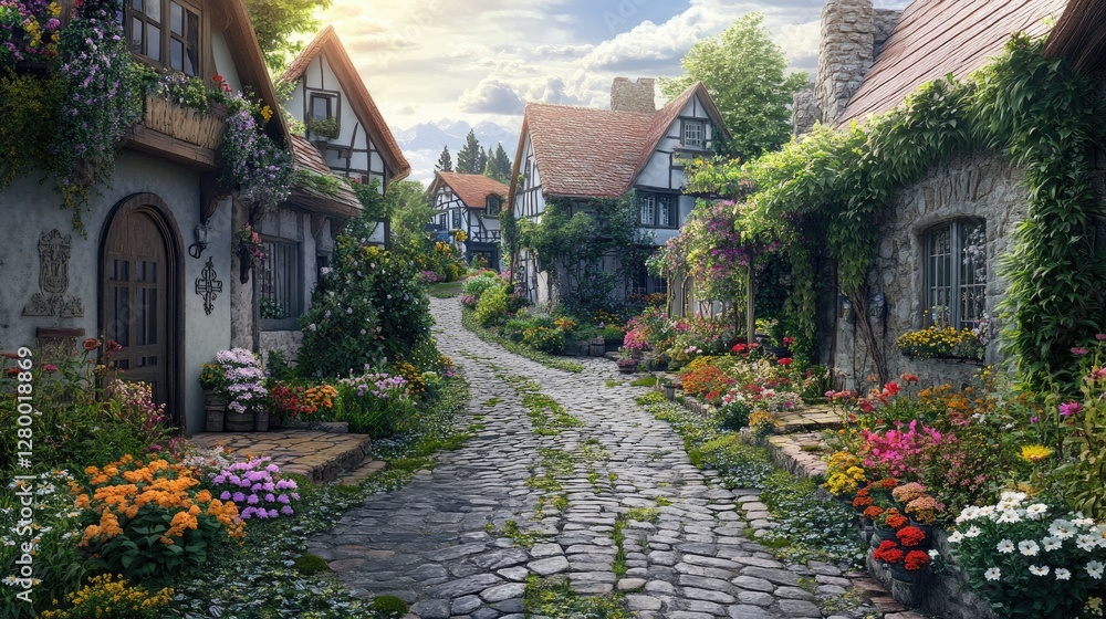 Fototapeta premium Enchanted Village: A Cobblestone Street Lined with Blooming Flowers and Quaint Houses