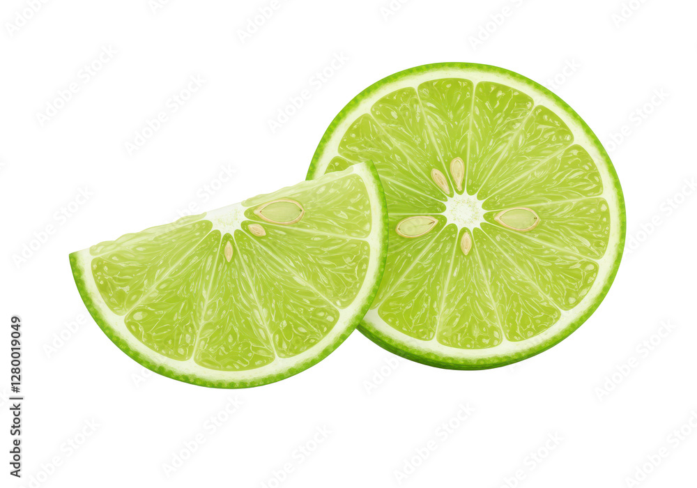 Two bright green lime slices showing juicy, translucent pulp, isolated on a white background Two bright green lime slices showing juicy, translucent pulp, isolated on a white background
