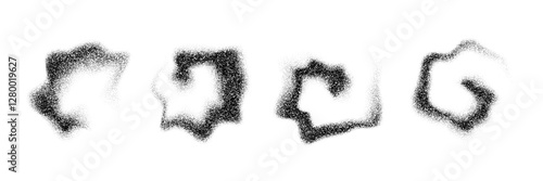 Dotted smoky shapes. Grainy fluid spots and stains. Black stippled flowing dust set. Noise splashes and splatters forms. Dissolve sand particles texture. Vector fading halfton gradient elements