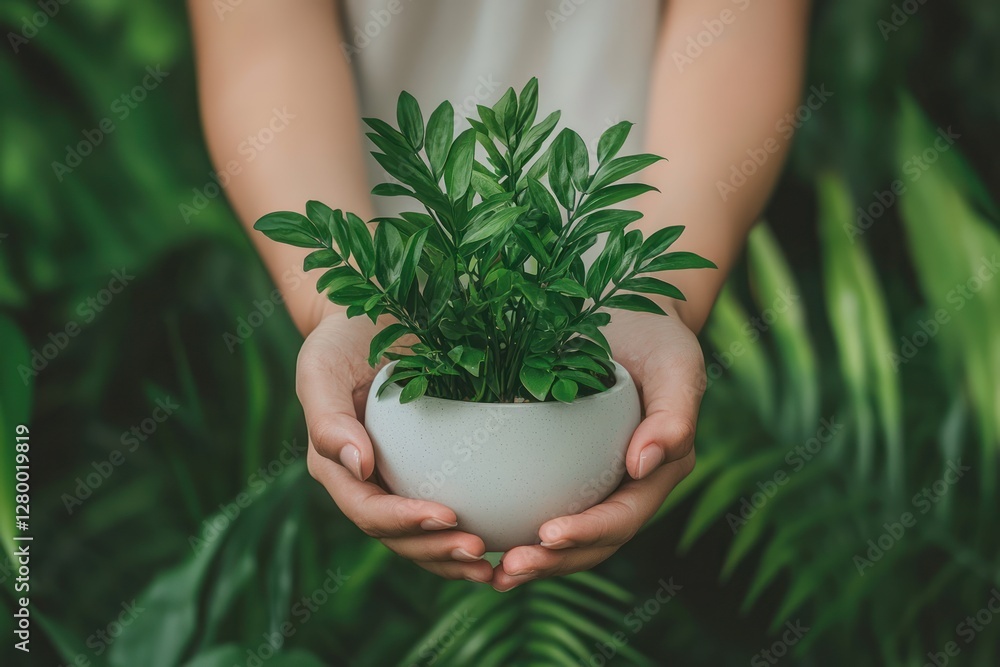 Fototapeta premium Person Holding Green Plant in White Pot Surrounded by Foliage