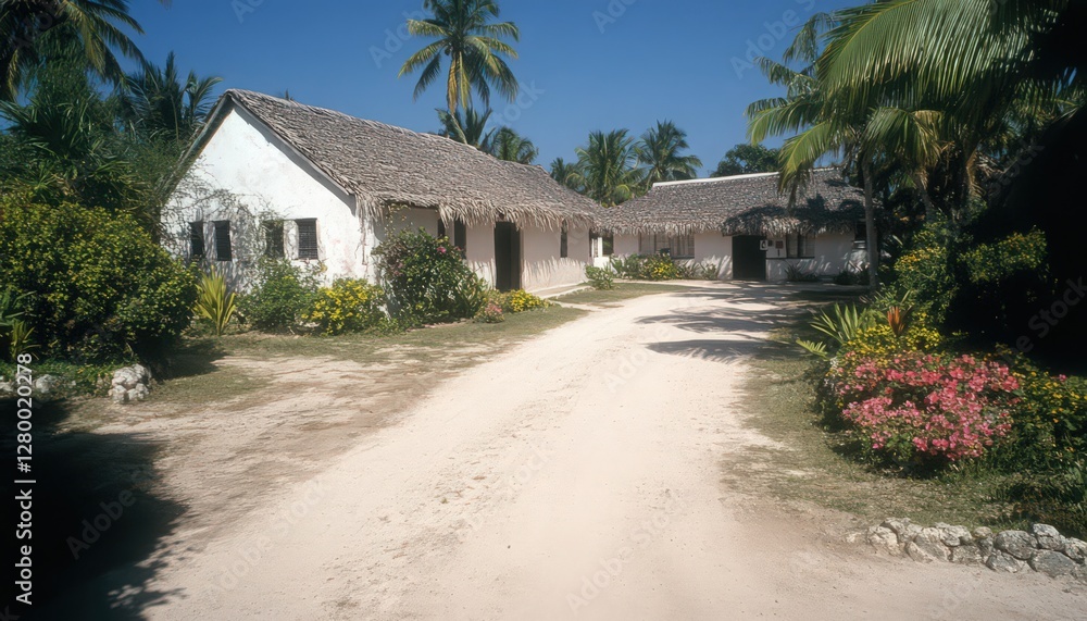 Tropical Island Village Featuring White Washed Buildings Under Blue Skies and Lush Foliage Tropical Island Village Featuring White Washed Buildings Under Blue Skies and Lush Foliage