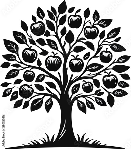Hand-Drawn Apple Tree Clipart – Vintage Black and White Illustration.eps