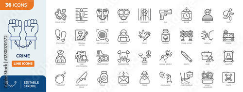 Crime line editable icon set. Containing icons related to crime, criminal, illegal, and more. Vector illustration