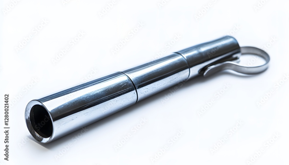 Fototapeta premium A shiny silver metal cylindrical tool is placed on white