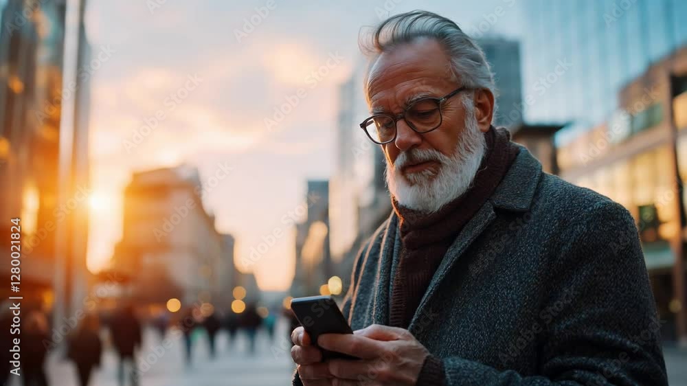 Thoughtful senior man using smartphone in urban sunset Thoughtful senior man using smartphone in urban sunset