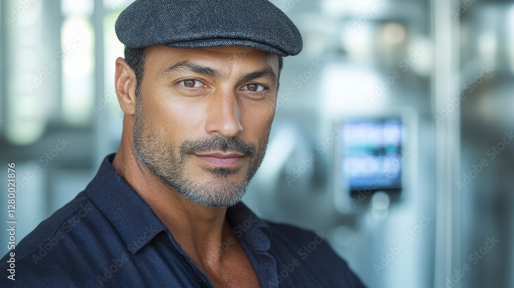 Confident Man in Newsboy Cap, Industrial Setting Portrait Confident Man in Newsboy Cap, Industrial Setting Portrait