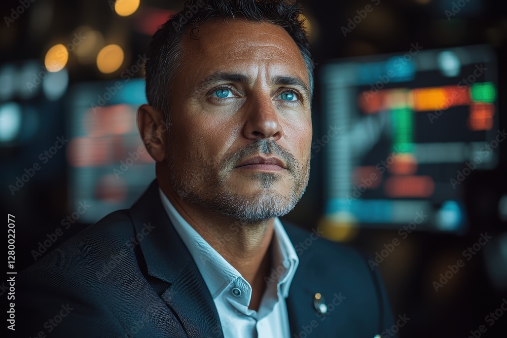 Confident Businessman Contemplating Stock Market Data on Monitors Confident Businessman Contemplating Stock Market Data on Monitors