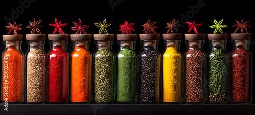 Colorful spices in glass jars with wooden lids, showcasing vibrant hues and textures photo