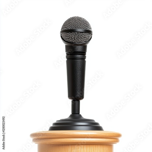 Black microphone on wooden podium, studio shot (1) photo