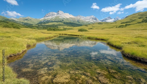 Clear Pond Reflecting Distant Mountains Under Blue Sky in Verdant Landscape