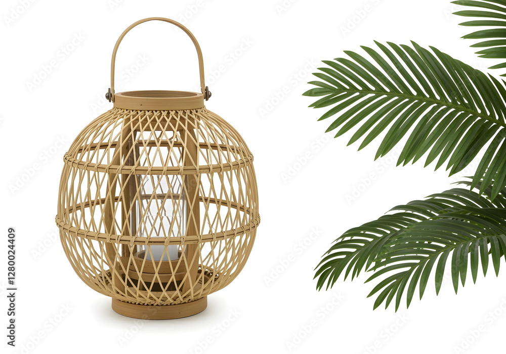 Fototapeta premium A bamboo and rattan woven lantern, eco-friendly lighting, tropical boho aesthetic, isolated on white background