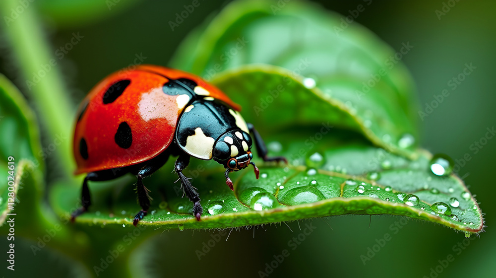 Fototapeta premium A ladybug, vibrant red with black spots, delicately rests on a dew-kissed green leaf. Nature's beauty!