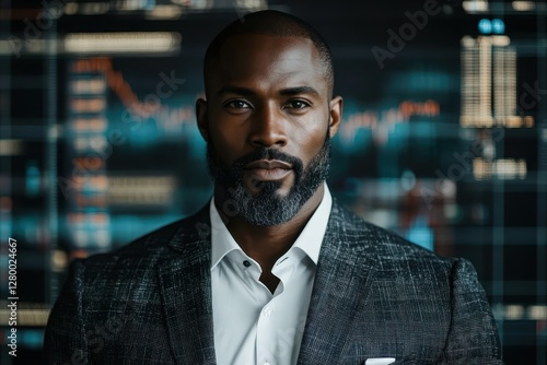 Confident Black Businessman in Front of Stock Market Data
