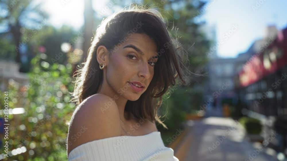 Woman outdoors in urban park setting with sunlight highlighting her brunette hair and graceful posture, showcasing fashion with off-shoulder top and elegant demeanor. Woman outdoors in urban park setting with sunlight highlighting her brunette hair and graceful posture, showcasing fashion with off-shoulder top and elegant demeanor.