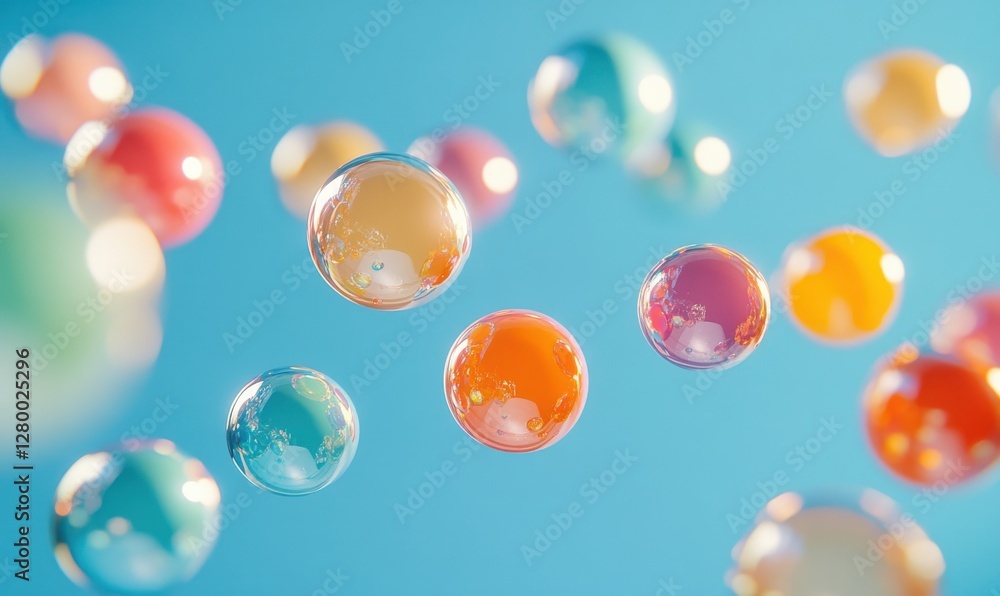 Colorful Soap Bubbles Floating in the Air with Soft Blue Background and Bright Light Reflections Creating a Whimsical and Cheerful Atmosphere Colorful Soap Bubbles Floating in the Air with Soft Blue Background and Bright Light Reflections Creating a Whimsical and Cheerful Atmosphere