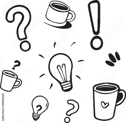 Coffee cup and light bulb doodle set. Hand drawn vector illustration.