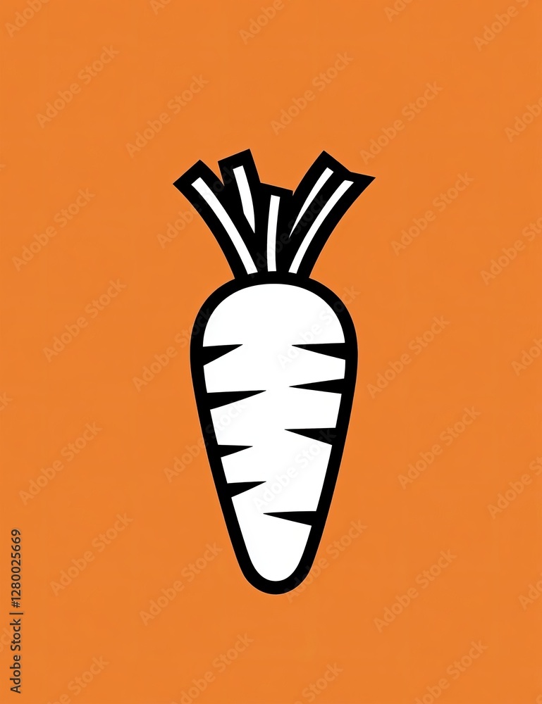 Illustration of a white carrot with green tops on a vibrant orange background. Illustration of a white carrot with green tops on a vibrant orange background.
