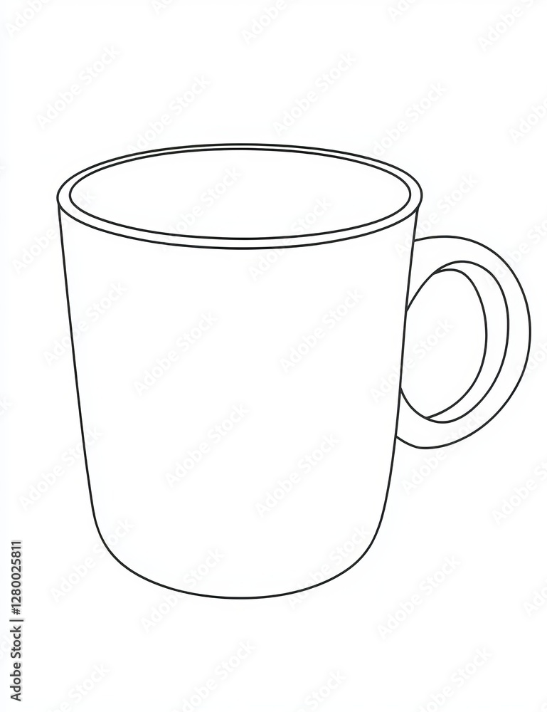 Simple white ceramic mug with handle, perfect coloring page for kids. Simple white ceramic mug with handle, perfect coloring page for kids.