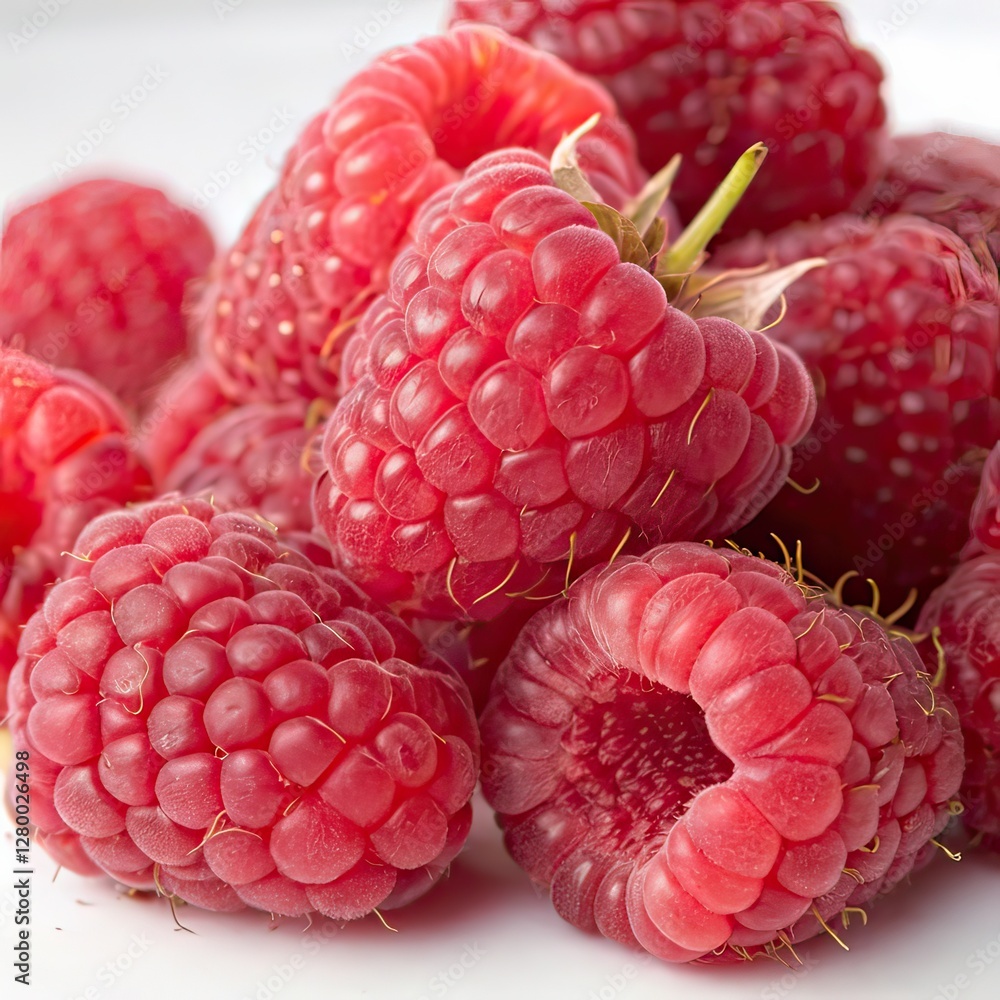 Close-Up of Bright Red Fresh Raspberries with Textured Surface on White Background Close-Up of Bright Red Fresh Raspberries with Textured Surface on White Background