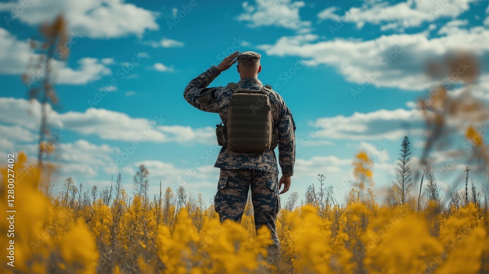 Soldier in camouflage uniform saluting amidst a bright field of yellow flowers, honoring the nation Soldier in camouflage uniform saluting amidst a bright field of yellow flowers, honoring the nation