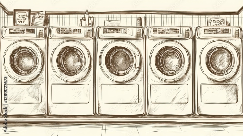 Modern Laundry Room with Five Washing Machines and Clean Surroundings Modern Laundry Room with Five Washing Machines and Clean Surroundings