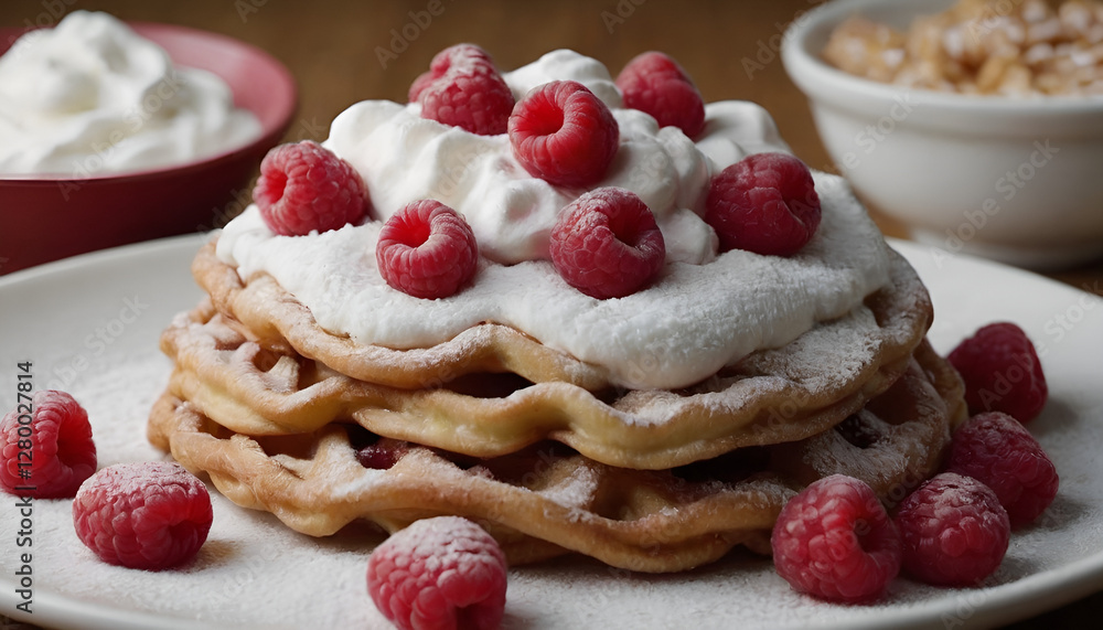 funnel cake with raspberries, whipped cream, and powdered sugar. funnel cake with raspberries, whipped cream, and powdered sugar.