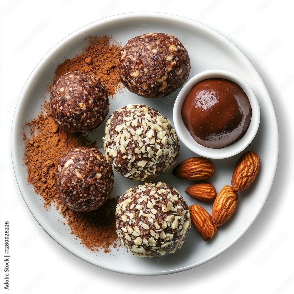 Delicious Energy Balls with Nuts and Cocoa Powder on a White Plate with Almonds and Chocolate Spread Delicious Energy Balls with Nuts and Cocoa Powder on a White Plate with Almonds and Chocolate Spread