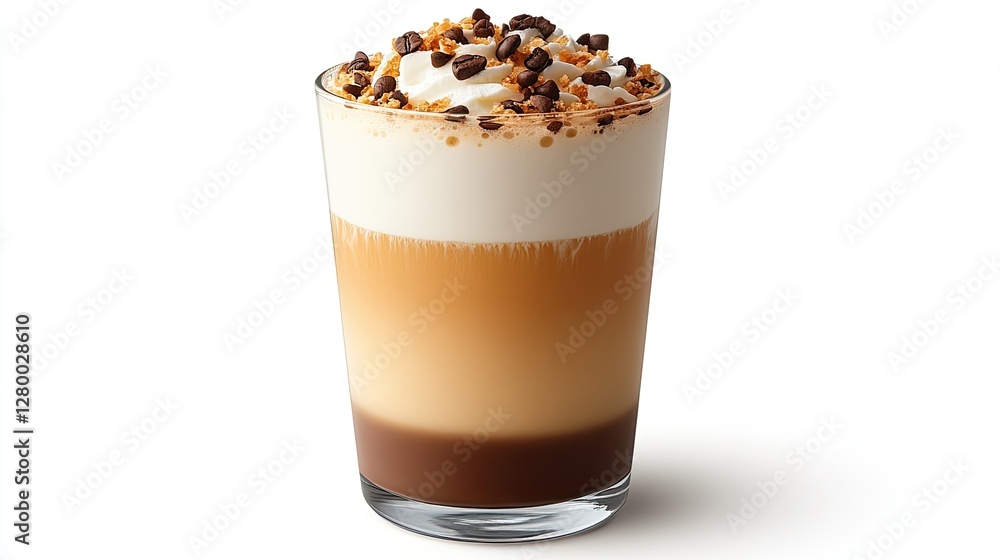 Layered coffee drink, studio shot, white background, dessert topping Layered coffee drink, studio shot, white background, dessert topping