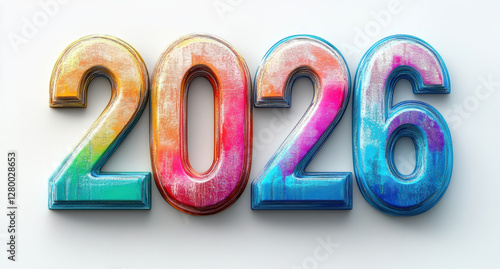 Colorful 3D text of year 2026 on white background, showcasing vibrant hues and artistic design. Perfect for celebrations and events