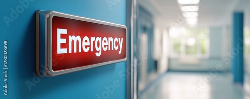 A red "Emergency" sign is prominently displayed in a hospital corridor, highlighting the urgency and importance of immediate medical care.
