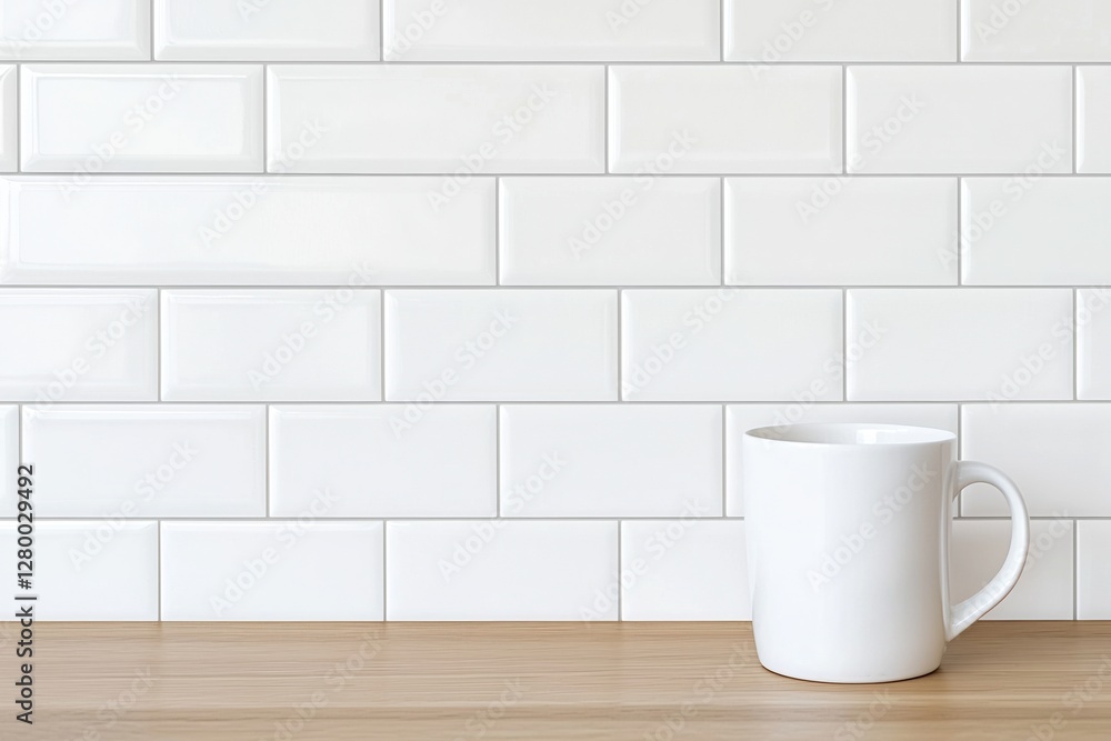 Budget Friendly Economical Concepts. White mug on a wooden table against a tiled wall background. Budget Friendly Economical Concepts. White mug on a wooden table against a tiled wall background.
