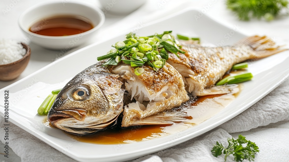 Steamed whole fish with soy sauce, ginger, and scallions on a white platter. Steamed whole fish with soy sauce, ginger, and scallions on a white platter.