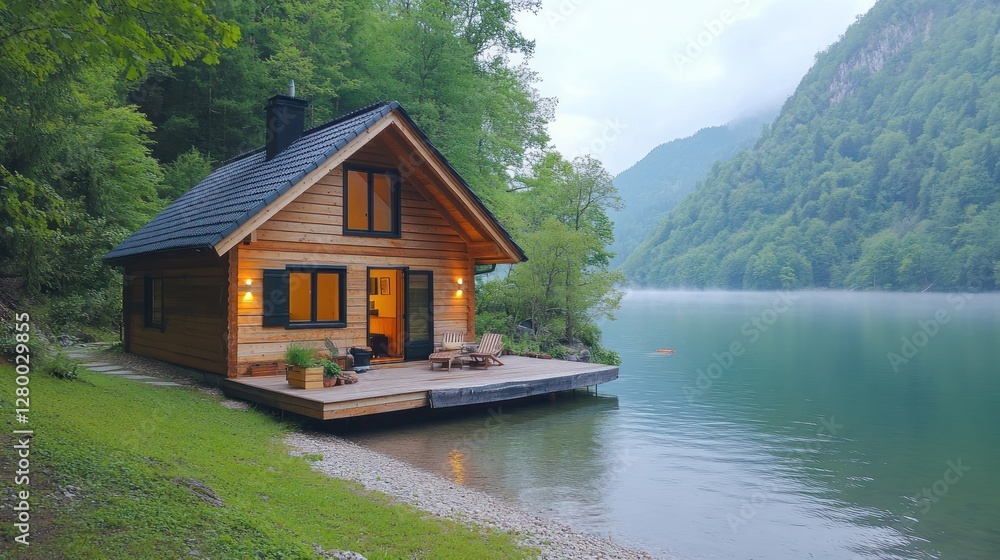 Fototapeta premium Lakeside Cabin Evening Serenity