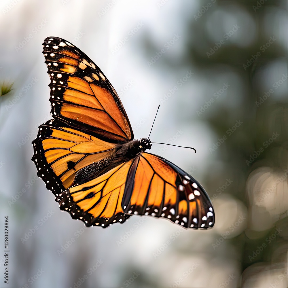 Fototapeta premium Monarch Butterfly in Flight with Orange and Black Wings and White Spots