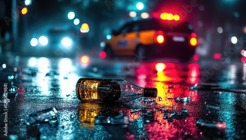 Broken bottle on wet city street at night with emergency vehicle photo