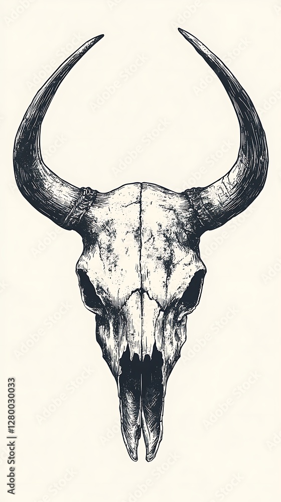 Fototapeta premium Bull skull drawing, white background, tattoo design