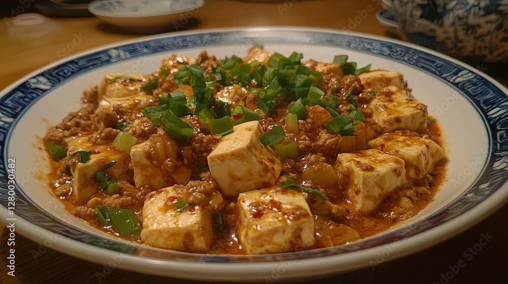 Spicy mapo tofu with ground pork, scallions, and red Sichuan peppercorns. Spicy mapo tofu with ground pork, scallions, and red Sichuan peppercorns.