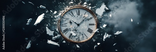 Wallpaper Mural Exploding clock symbolizes the chaos and stress of multitasking and managing deadlines. Fragments scatter, illustrating the pressure of time constraints in a hectic work environment Torontodigital.ca