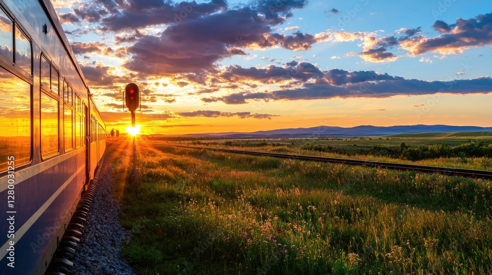 Fototapeta premium Scenic Sunset Over Fields with Train and Signal in Background